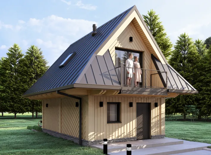 Wizualizacja projektu CHALET 40 - nowoczesna chata podhalańska, widok z pozycji od lewej