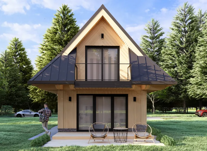 Wizualizacja projektu CHALET 40 - nowoczesna chata podhalańska, widok z pozycji od przodu inny wariant
