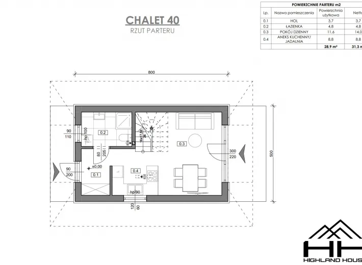 Rzut parteru dla projektu CHALET 40 z rozmieszczeniem pomieszczeń