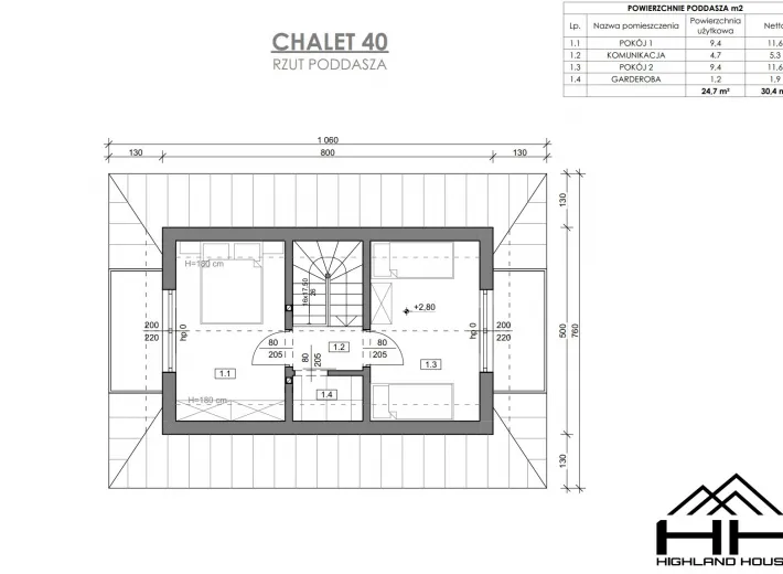 Rzut poddasza dla projektu CHALET 40 z aranżacją sypialni