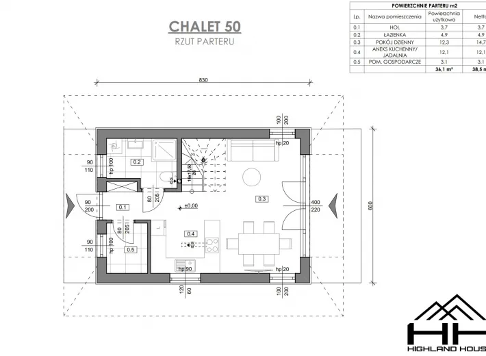 Rzut parteru dla projektu CHALET 50 z rozmieszczeniem pomieszczeń