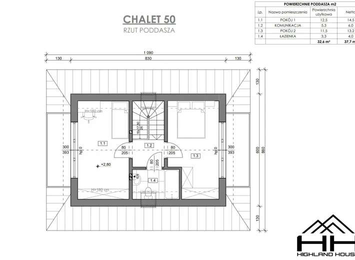 Rzut poddasza dla projektu CHALET 50 z aranżacją sypialni