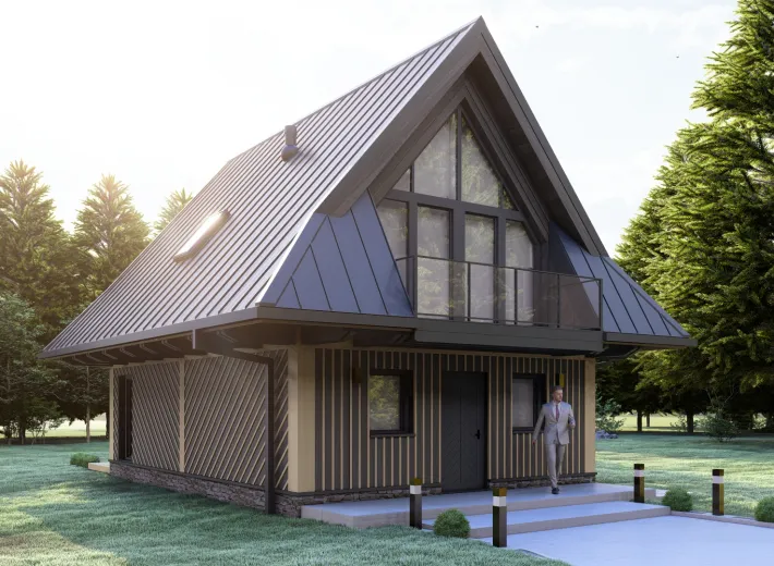 Wizualizacja projektu CHALET 60 - przestronna chata podhalańska, widok z pozycji od lewej