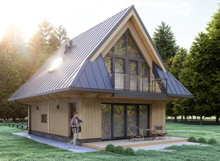 Wizualizacja projektu CHALET 60 - przestronna chata podhalańska, widok z pozycji od przodu inna wersja