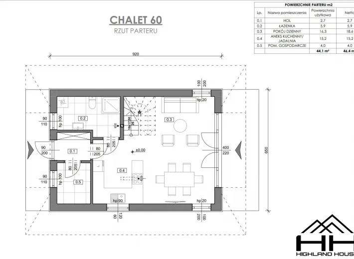 Rzut parteru dla projektu CHALET 60 z rozmieszczeniem pomieszczeń