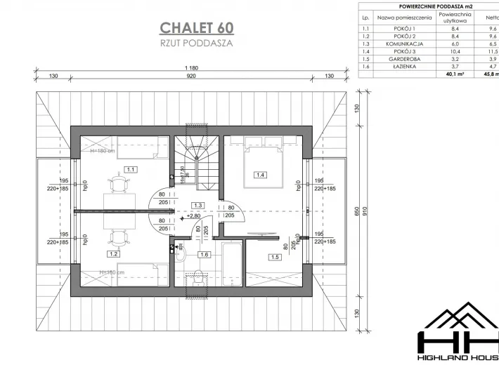 Rzut poddasza dla projektu CHALET 60 z aranżacją sypialni