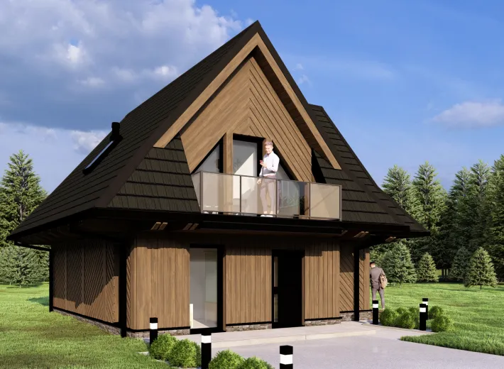 Wizualizacja projektu CHALET 70 - reprezentacyjna chata podhalańska, widok z pozycji od lewej