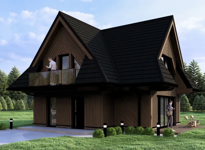 Wizualizacja projektu CHALET 70 - reprezentacyjna chata podhalańska, widok z pozycji od prawej
