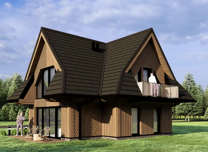 Wizualizacja projektu CHALET 70 - reprezentacyjna chata podhalańska, widok z pozycji od lewej inny wariant