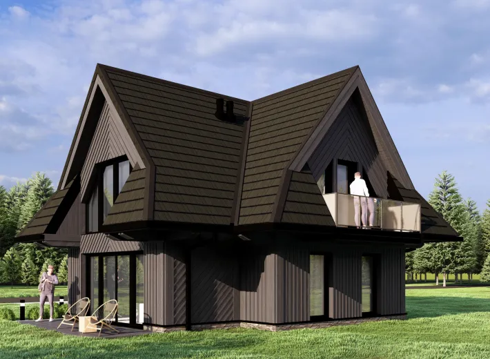 Dom szkieletowy CHALET 70 w stylu podhalańskim - wariant elewacji 2