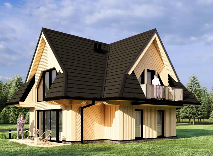 Dom szkieletowy CHALET 70 w stylu podhalańskim - wariant elewacji 3