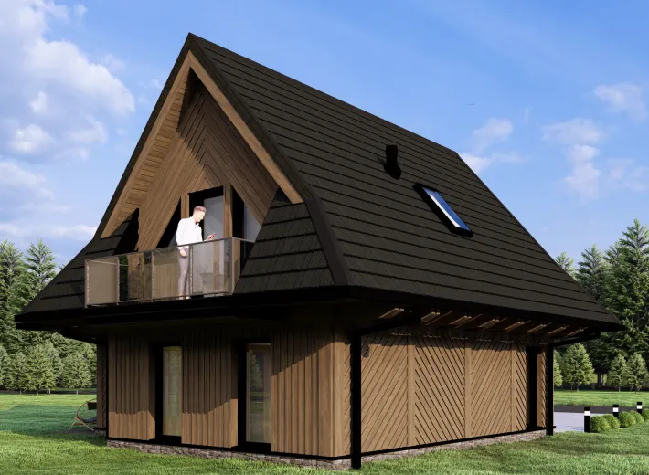 Wizualizacja projektu CHALET 70 - reprezentacyjna chata podhalańska, widok z pozycji od prawej inny wariant