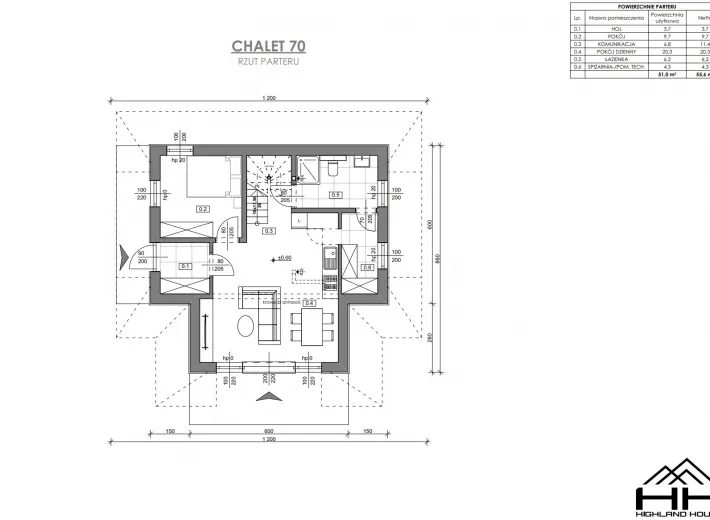 Rzut parteru dla projektu CHALET 70 z rozmieszczeniem pomieszczeń
