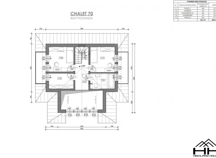 Rzut poddasza dla projektu CHALET 70 z aranżacją sypialni i antresoli