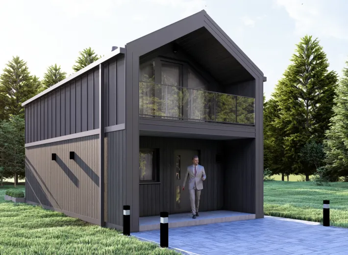 Wizualizacja projektu BARN 35/40 - nowoczesna stodoła w otoczeniu zieleni, widok z pozycji od lewej