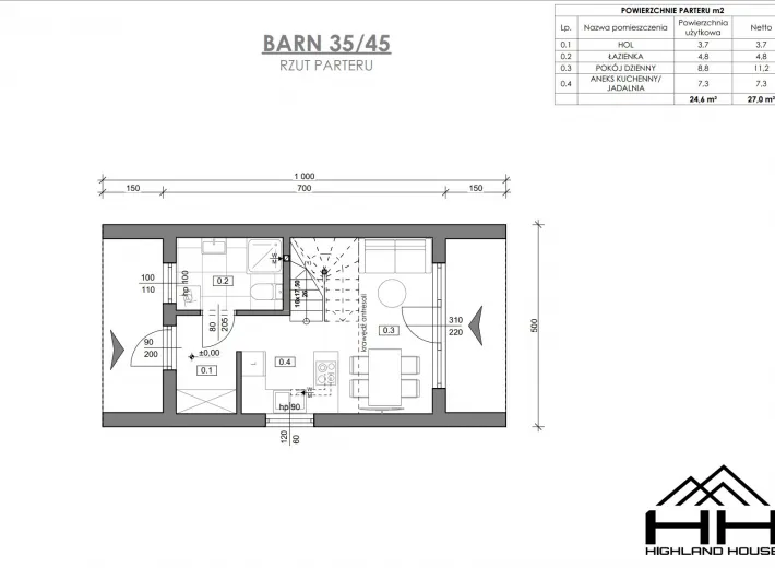 Rzut parteru dla projektu BARN 35/40 z rozmieszczeniem pomieszczeń.