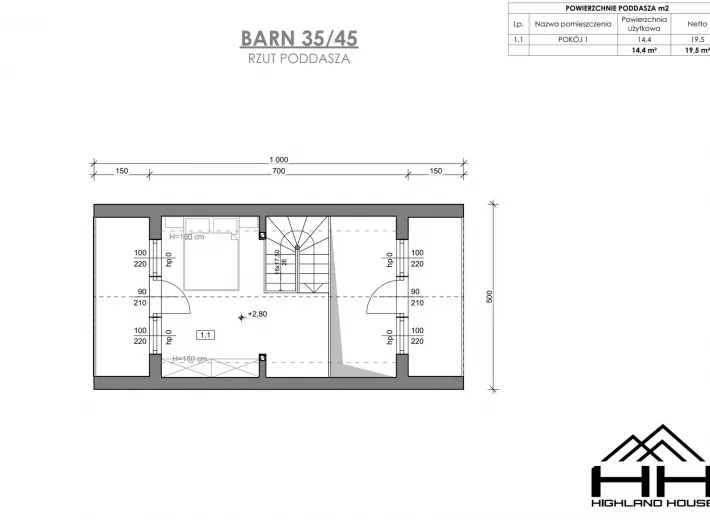 Rzut poddasza / antresoli dla projektu BARN 35/40 z przykładową aranżacją.