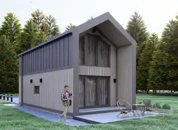 Wizualizacja projektu BARN 35/40 - nowoczesna stodoła w otoczeniu zieleni, widok z pozycji od lewej wariant 2