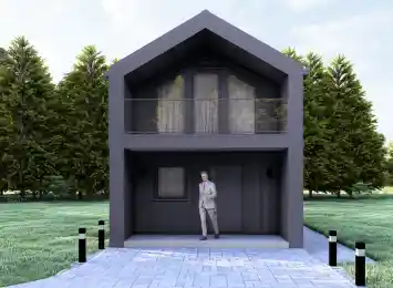 Wizualizacja projektu BARN 35/40 - nowoczesna stodoła w otoczeniu zieleni, widok z pozycji od przodu