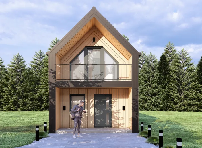 Wizualizacja projektu BARN 40/50 - nowoczesna stodoła w otoczeniu zieleni, widok z pozycji od przodu