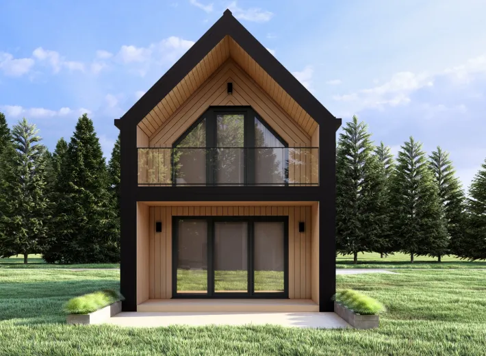 Wizualizacja projektu BARN 40/50 - nowoczesna stodoła w otoczeniu zieleni, widok z pozycji od przodu inny wariant