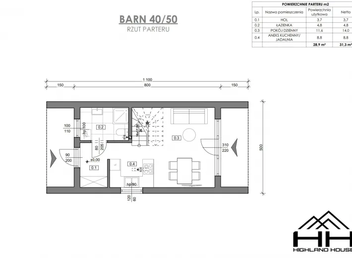 Rzut parteru dla projektu BARN 40/50 z rozmieszczeniem pomieszczeń.