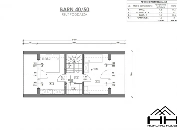 Rzut poddasza dla projektu BARN 40/50 z przykładową aranżacją sypialni