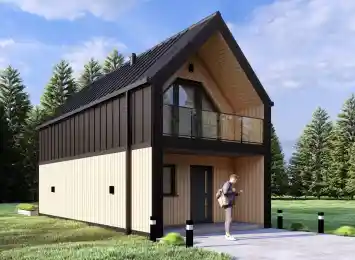 Wizualizacja projektu BARN 40/50 - nowoczesna stodoła w otoczeniu zieleni, widok z pozycji od lewej