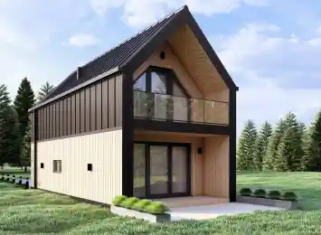 Wizualizacja projektu BARN 40/50 - nowoczesna stodoła w otoczeniu zieleni, widok z pozycji od lewej inny wariant
