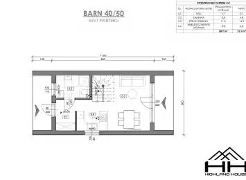 Rzut parteru dla projektu BARN 40/50 z rozmieszczeniem pomieszczeń.