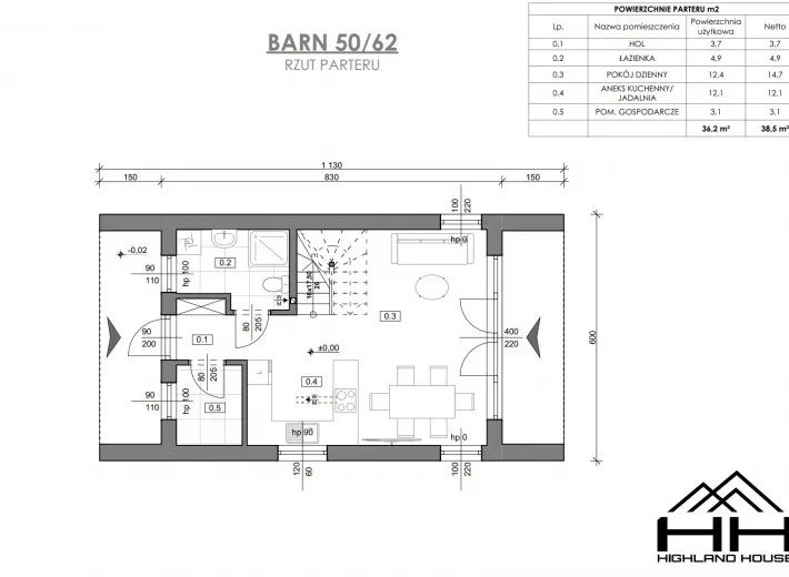 Rzut parteru dla projektu BARN 50/62 z rozmieszczeniem pomieszczeń