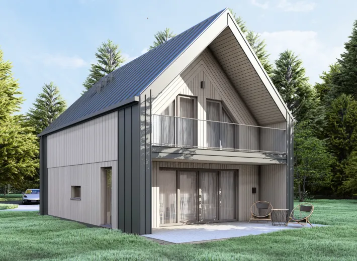 Wizualizacja projektu BARN 60/74 - przestronna nowoczesna stodoła dla rodziny, widok z pozycji od lewej inny wariant