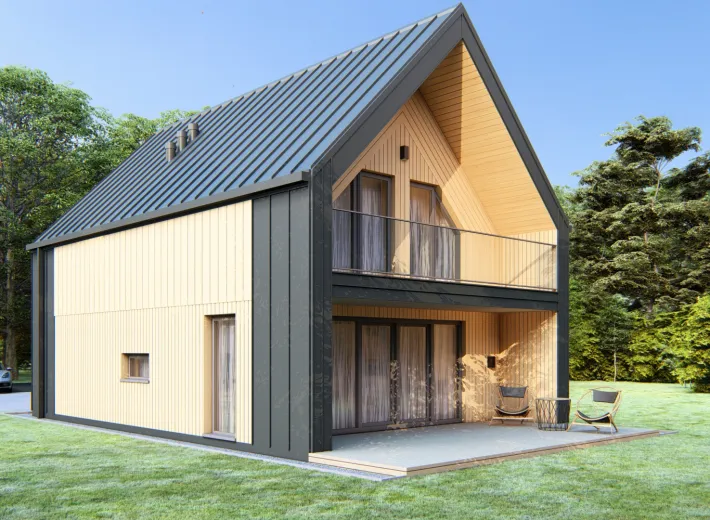 Dom szkieletowy BARN 60/74 w stylu nowoczesnej stodoły - wariant elewacji 3