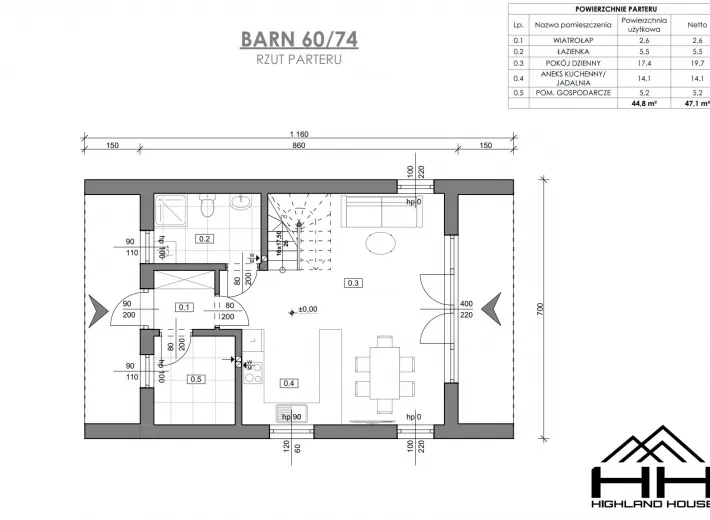 Rzut parteru dla projektu BARN 60/74 z rozmieszczeniem pomieszczeń