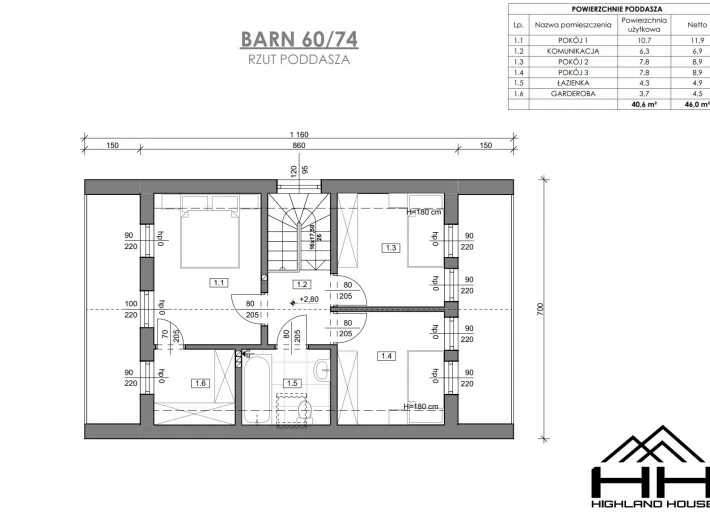 Rzut poddasza dla projektu BARN 60/74 z aranżacją sypialni