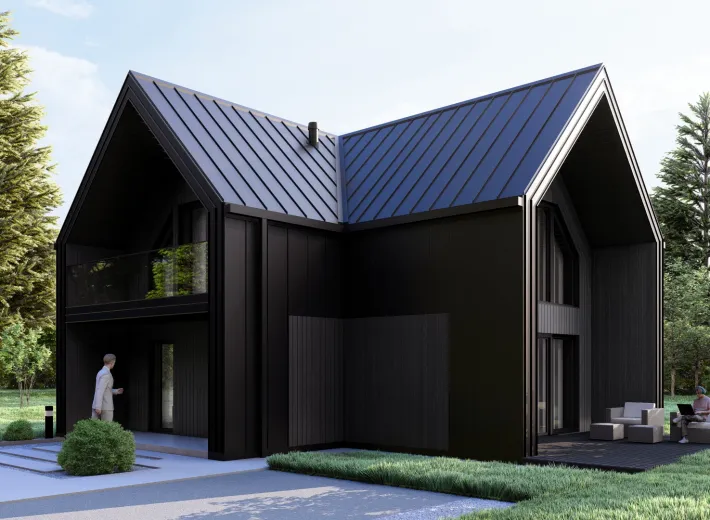 Wizualizacja projektu BARN 70/88 - reprezentacyjna nowoczesna stodoła, widok z pozycji od przodu