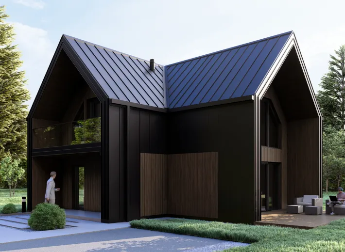 Wizualizacja projektu BARN 70/88 - reprezentacyjna nowoczesna stodoła, widok z pozycji od lewej inna wersja