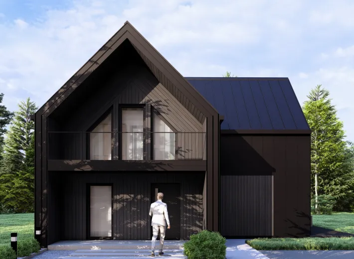 Wizualizacja projektu BARN 70/88 - reprezentacyjna nowoczesna stodoła, widok z pozycji od przodu