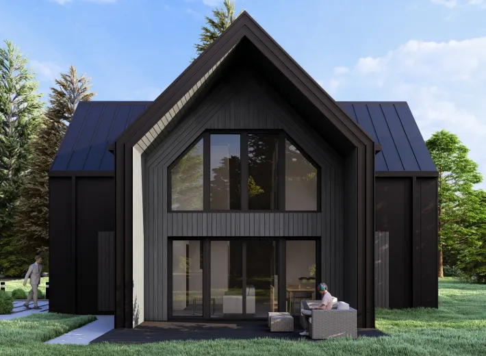 Wizualizacja projektu BARN 70/88 - reprezentacyjna nowoczesna stodoła, widok z pozycji od przodu inna wersja