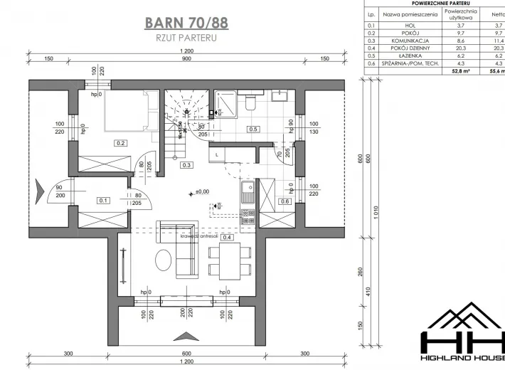 Rzut parteru dla projektu BARN 70/88 z rozmieszczeniem pomieszczeń