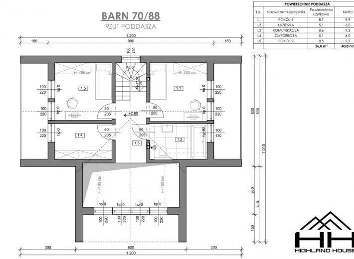 Rzut poddasza dla projektu BARN 70/88 z aranżacją sypialni i antresoli