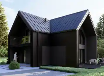 Wizualizacja projektu BARN 70/88 - reprezentacyjna nowoczesna stodoła, widok z pozycji od przodu