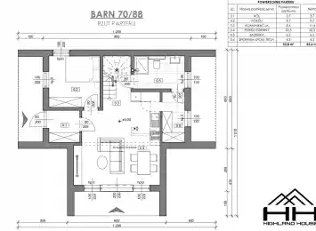 Rzut parteru dla projektu BARN 70/88 z rozmieszczeniem pomieszczeń